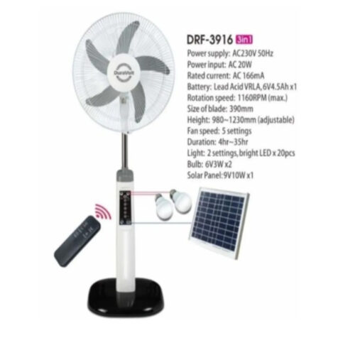 DuraVolt 16" 3-in-1 Rechargeable Standing Fan + Solar Panel/bulbs